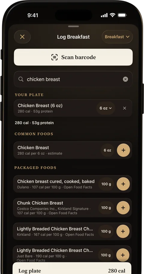 Evident's food logger: scan a barcode, search chicken breast, and add 6 ounces to the plate